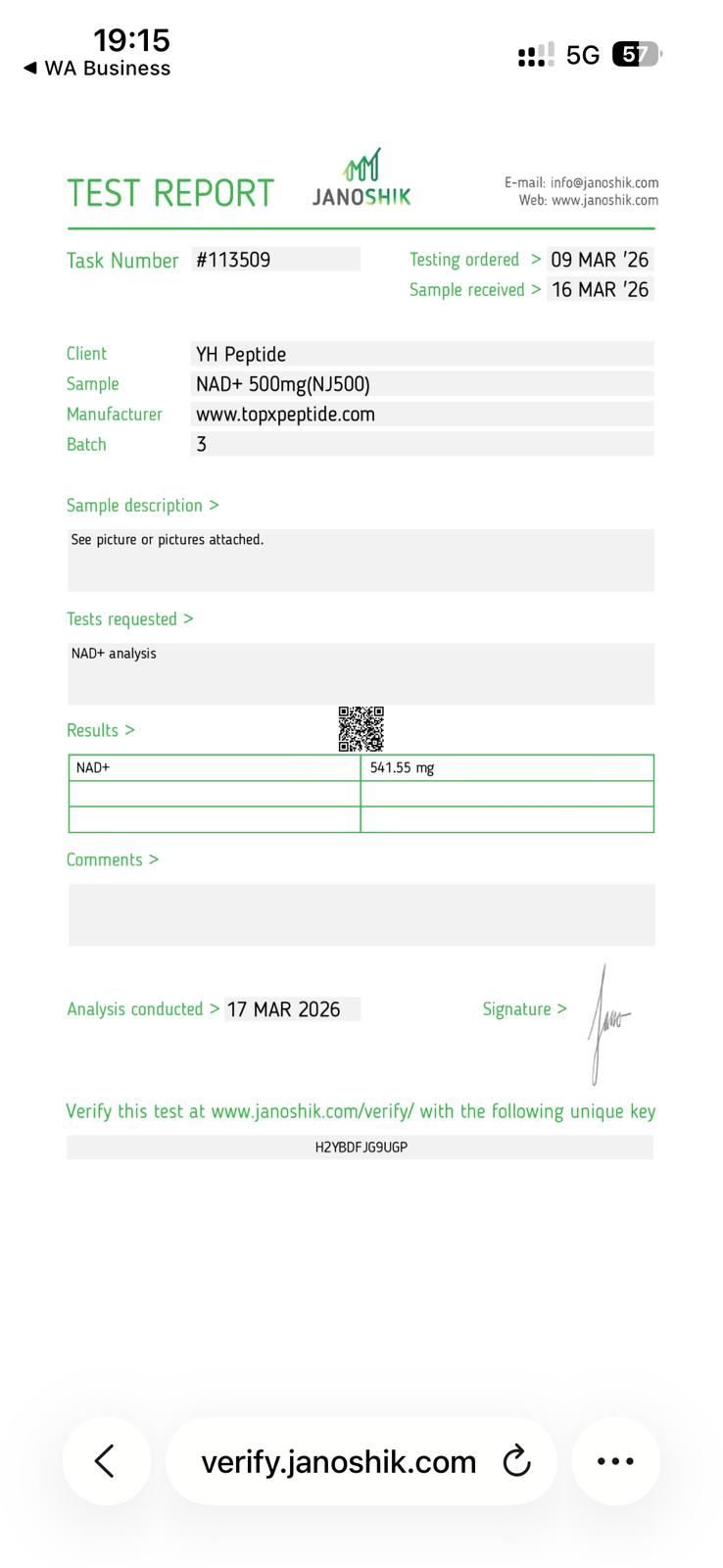 NAD+ 500mg lab test report